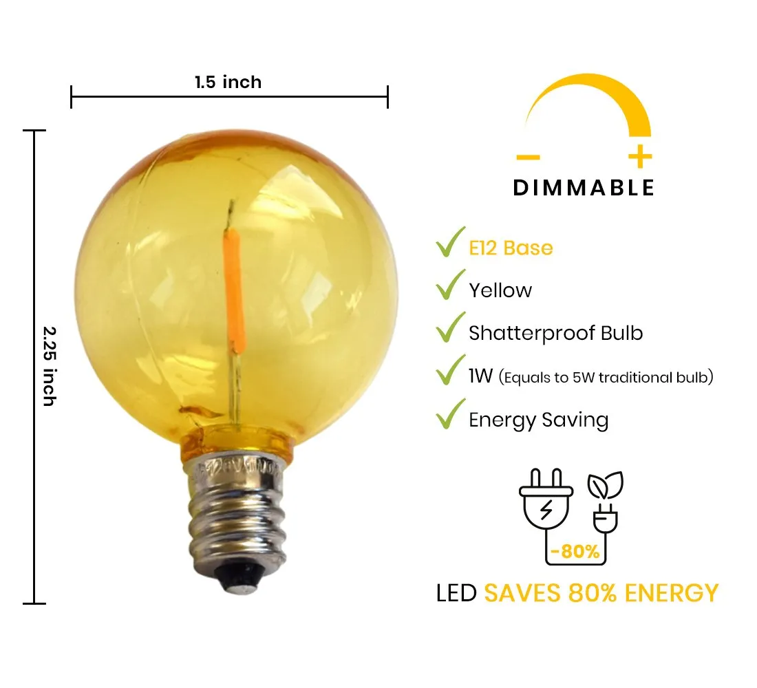 10-PACK Yellow LED Filament G40 Globe Shatterproof Energy Saving Color Light Bulb, Dimmable, 1W,  E12 Candelabra Base