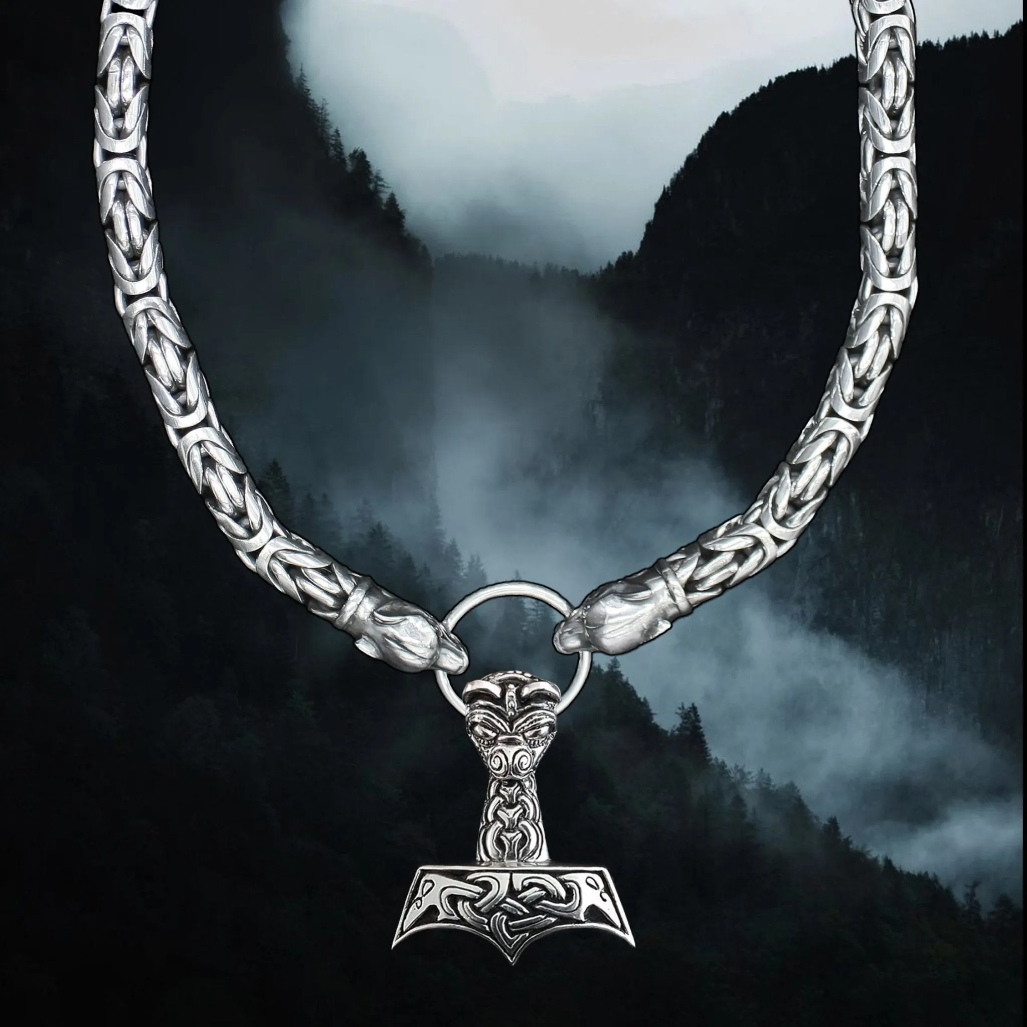 10mm Silver King Chain Necklace with Ferocious Wolf Heads - 70cm Length