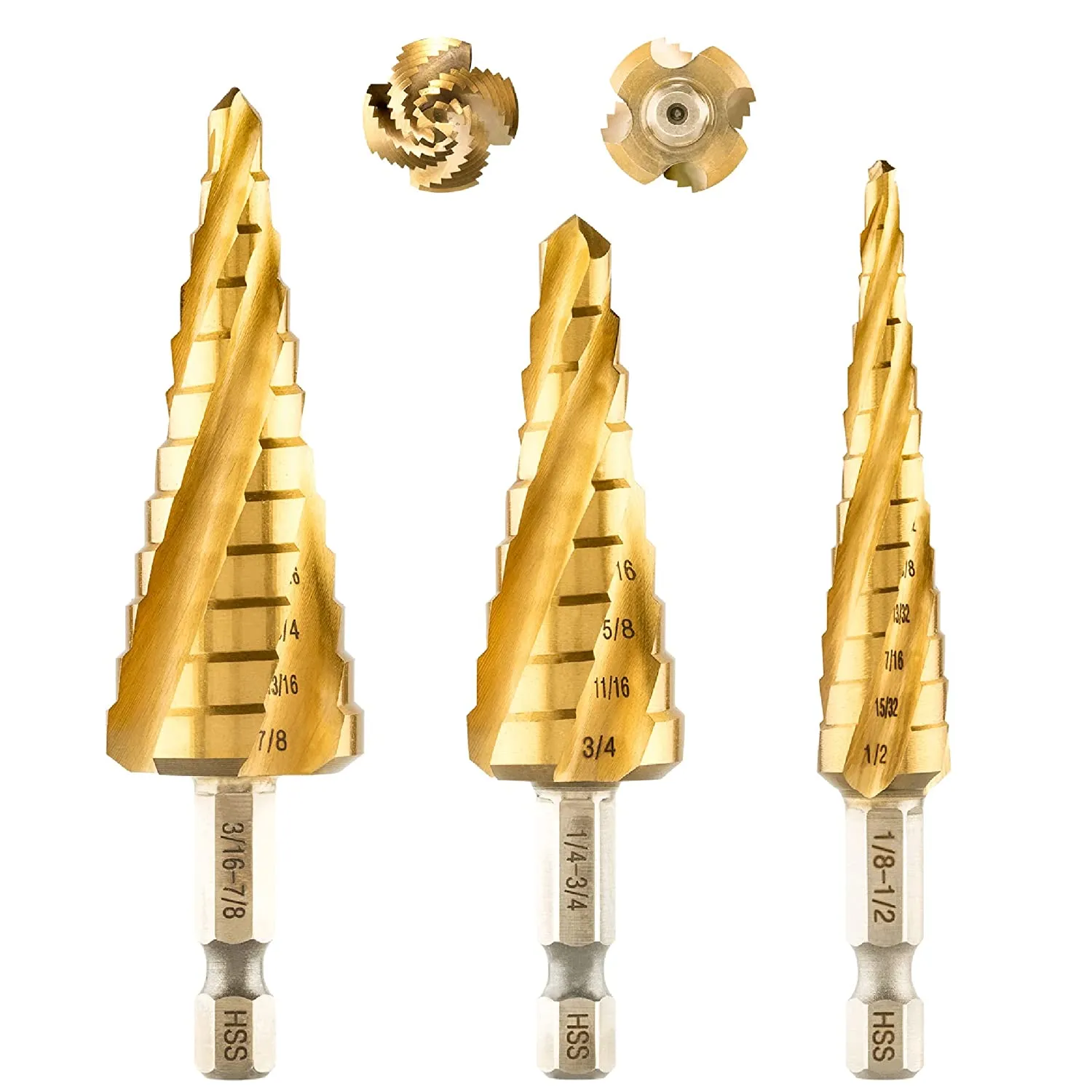 1/4" Titanium Coated Four Spiral Step Drill Bits for Metal, Wood, Plastic