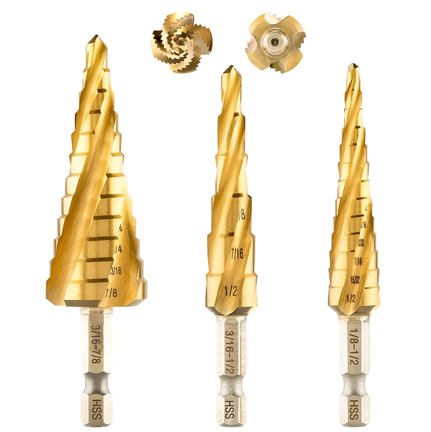 1/4" Titanium Coated Four Spiral Step Drill Bits for Metal, Wood, Plastic