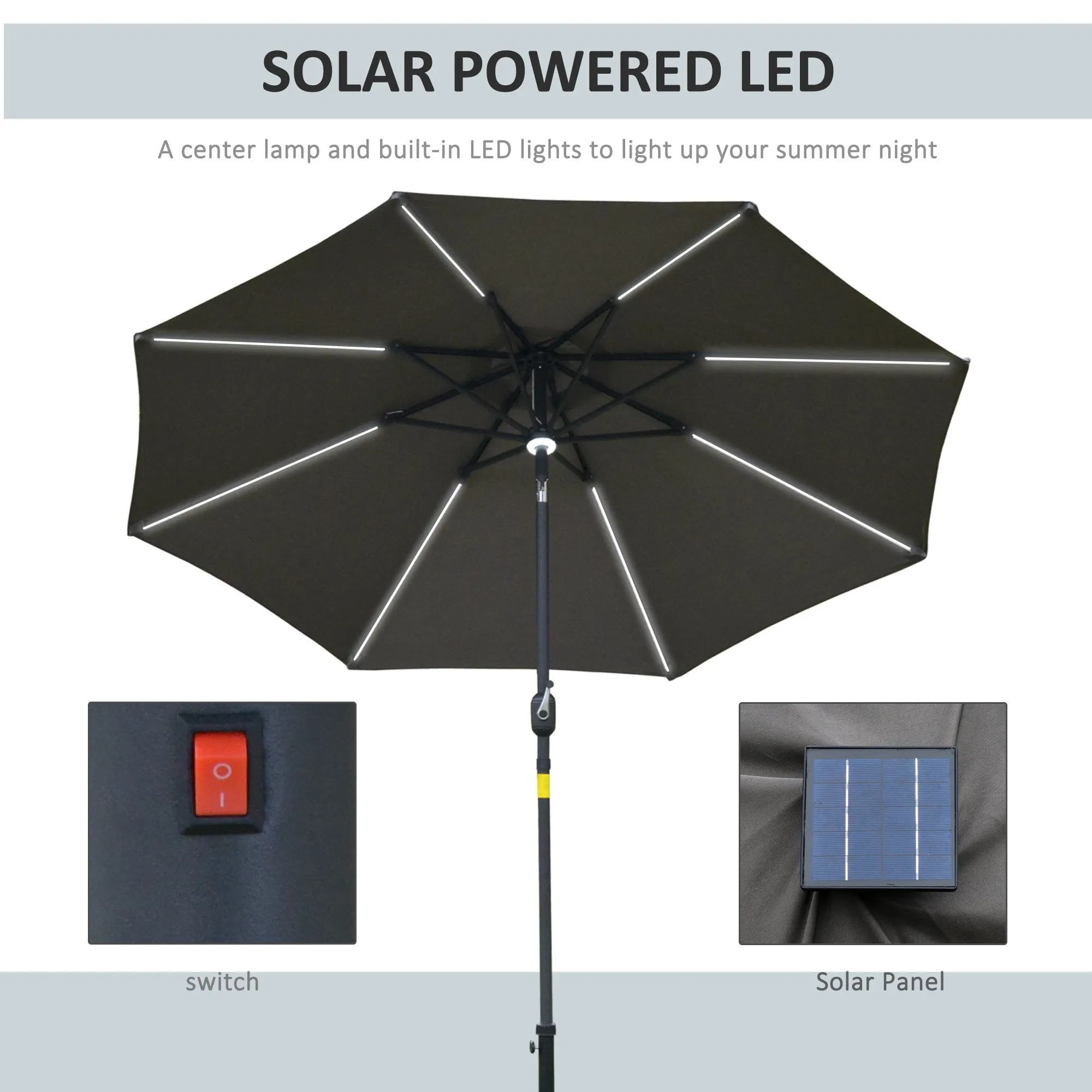 2.7m Garden Parasol Sun Umbrella w/ LED Solar Angled Canopy Grey