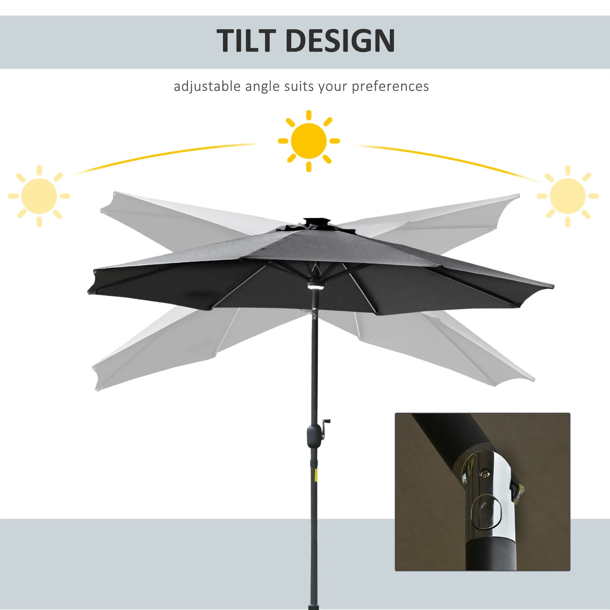 2.7m Garden Parasol Sun Umbrella w/ LED Solar Angled Canopy Grey