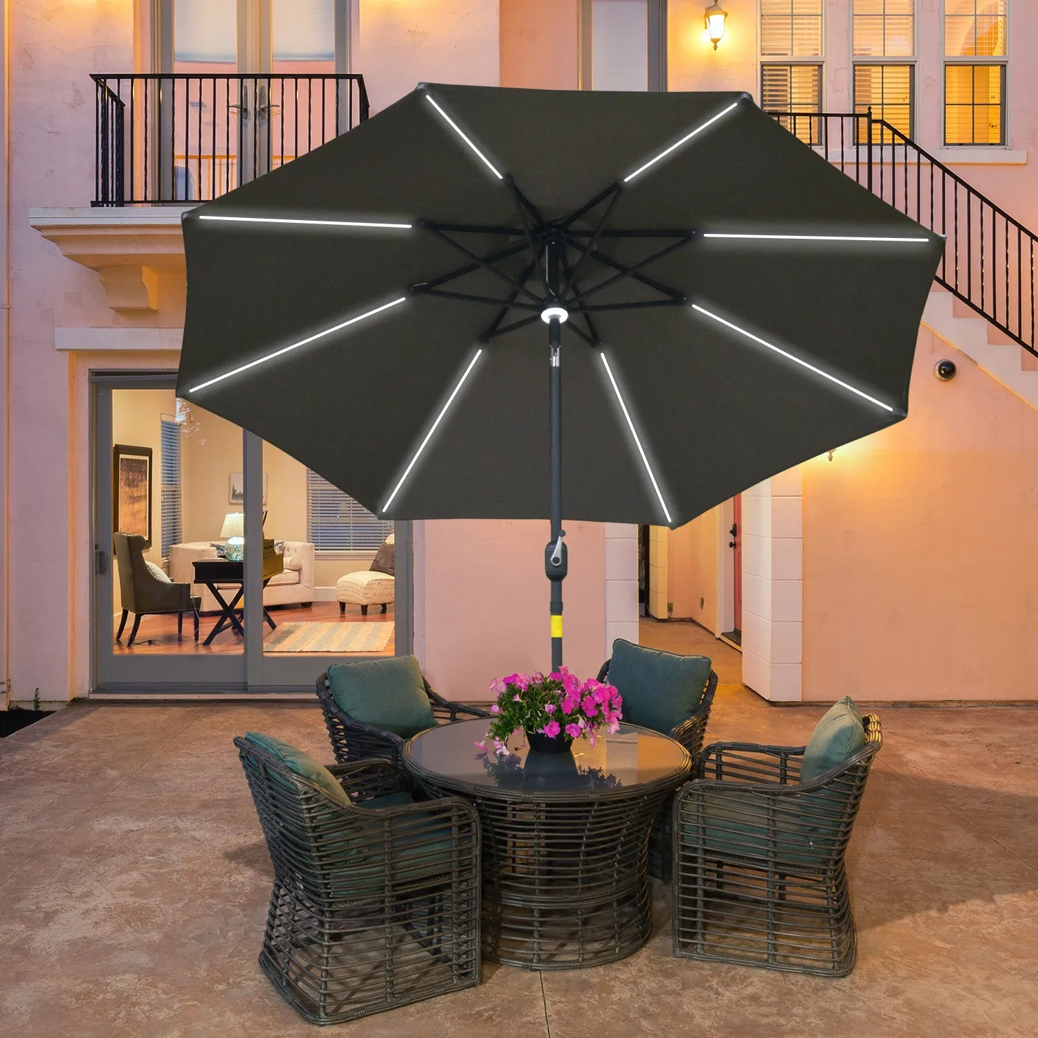 2.7m Garden Parasol Sun Umbrella w/ LED Solar Angled Canopy Grey