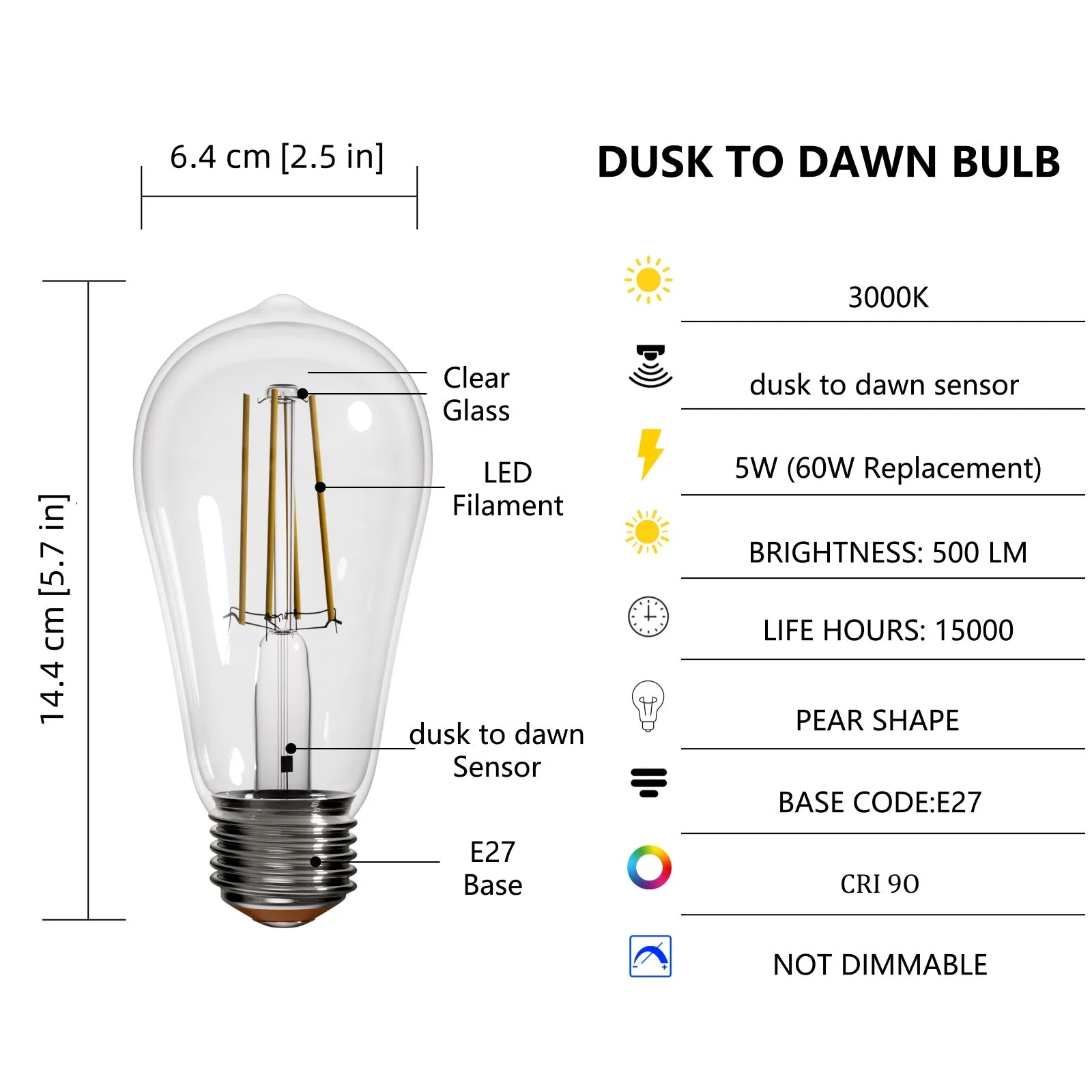 4PACK Dusk to Dawn LED Filament Bulb 5W Equivalent 60W 2700K Warmwhite Dimmable