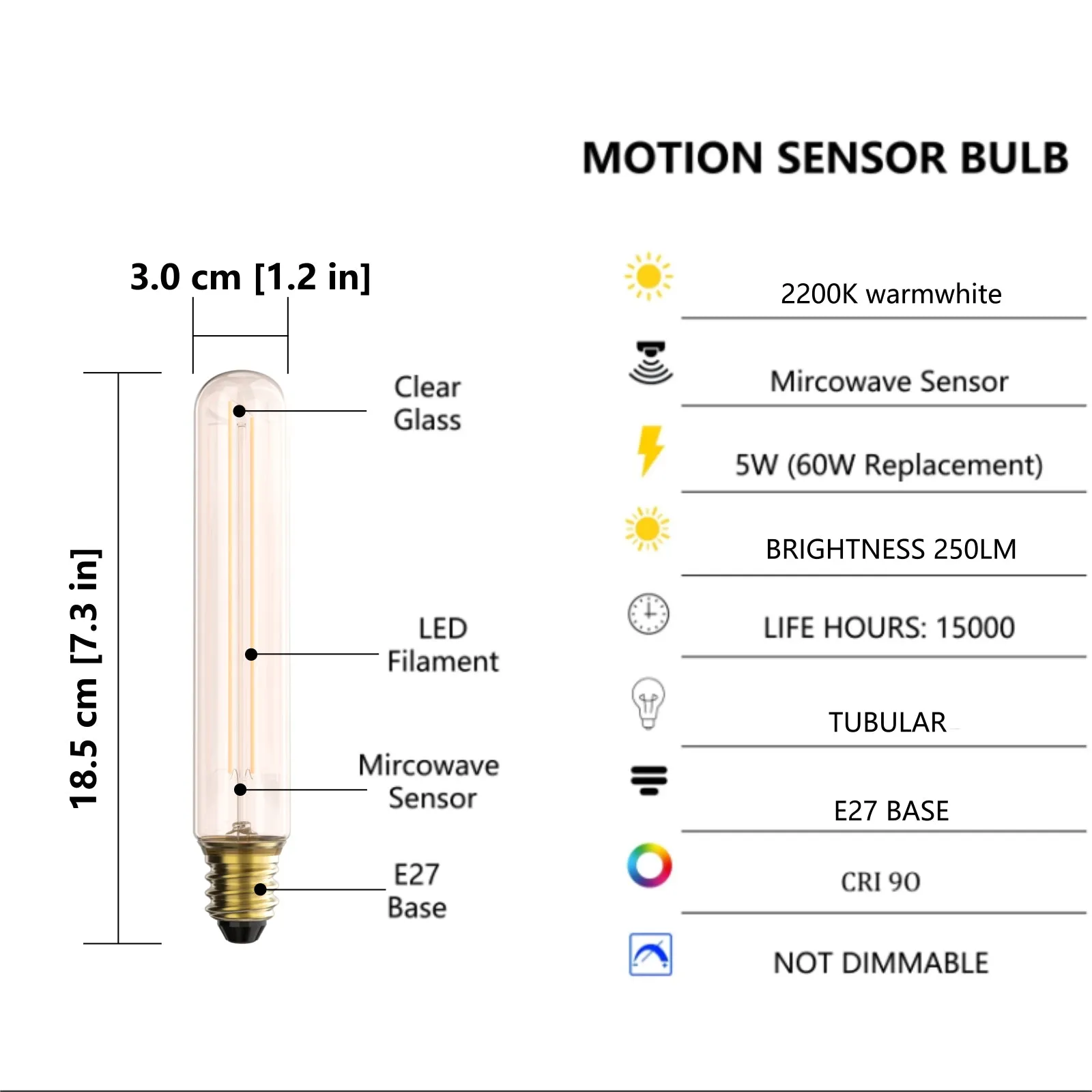 4PACK Motion Sensor LED T185 Filament Tubular Bulb 5W Equivalent 60W 2700K Warmwhite No DIM