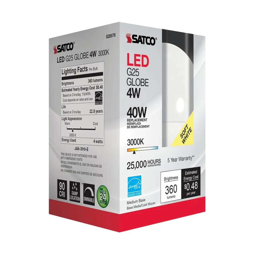 4W - LED G25 - 3000K - Medium base - 120V