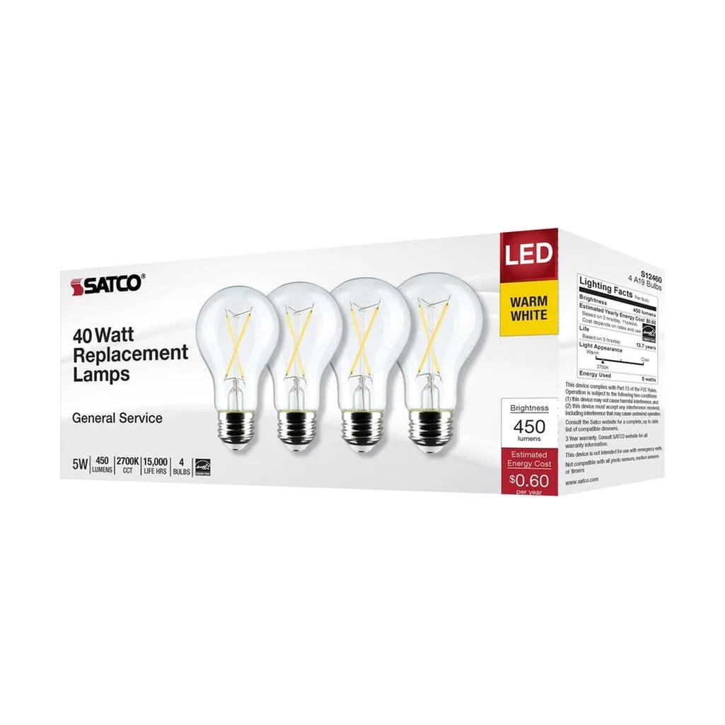 5W A19 LED - Clear - 2700K - Medium Base - 120V - 4PK