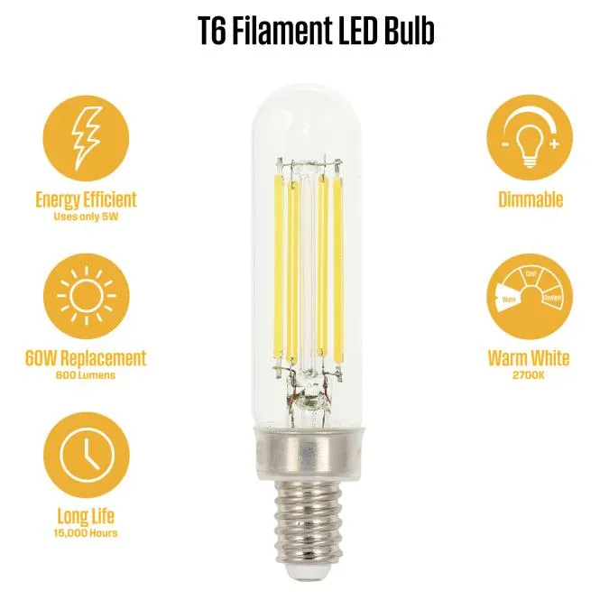 5W T6 Filament LED Dimmable Clear 2700K E12 (Candelabra) Base