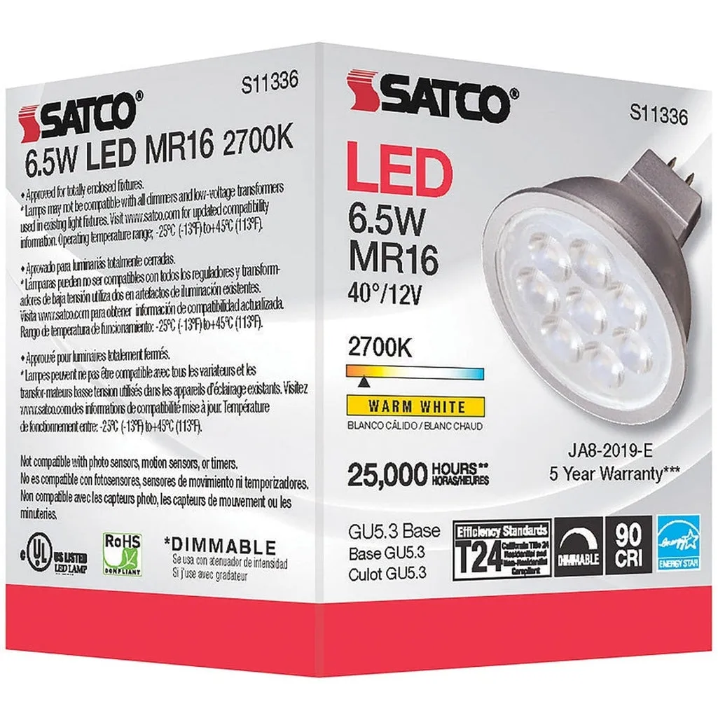 6.5W - MR16 LED - 2700K - GU5.3 base - 40 deg. Beam Angle - 12V