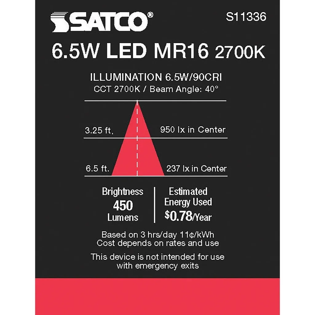 6.5W - MR16 LED - 2700K - GU5.3 base - 40 deg. Beam Angle - 12V