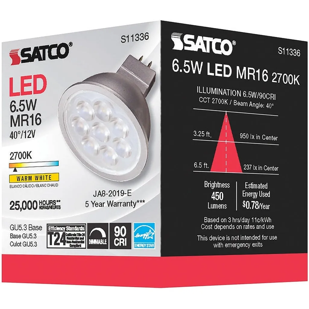 6.5W - MR16 LED - 2700K - GU5.3 base - 40 deg. Beam Angle - 12V