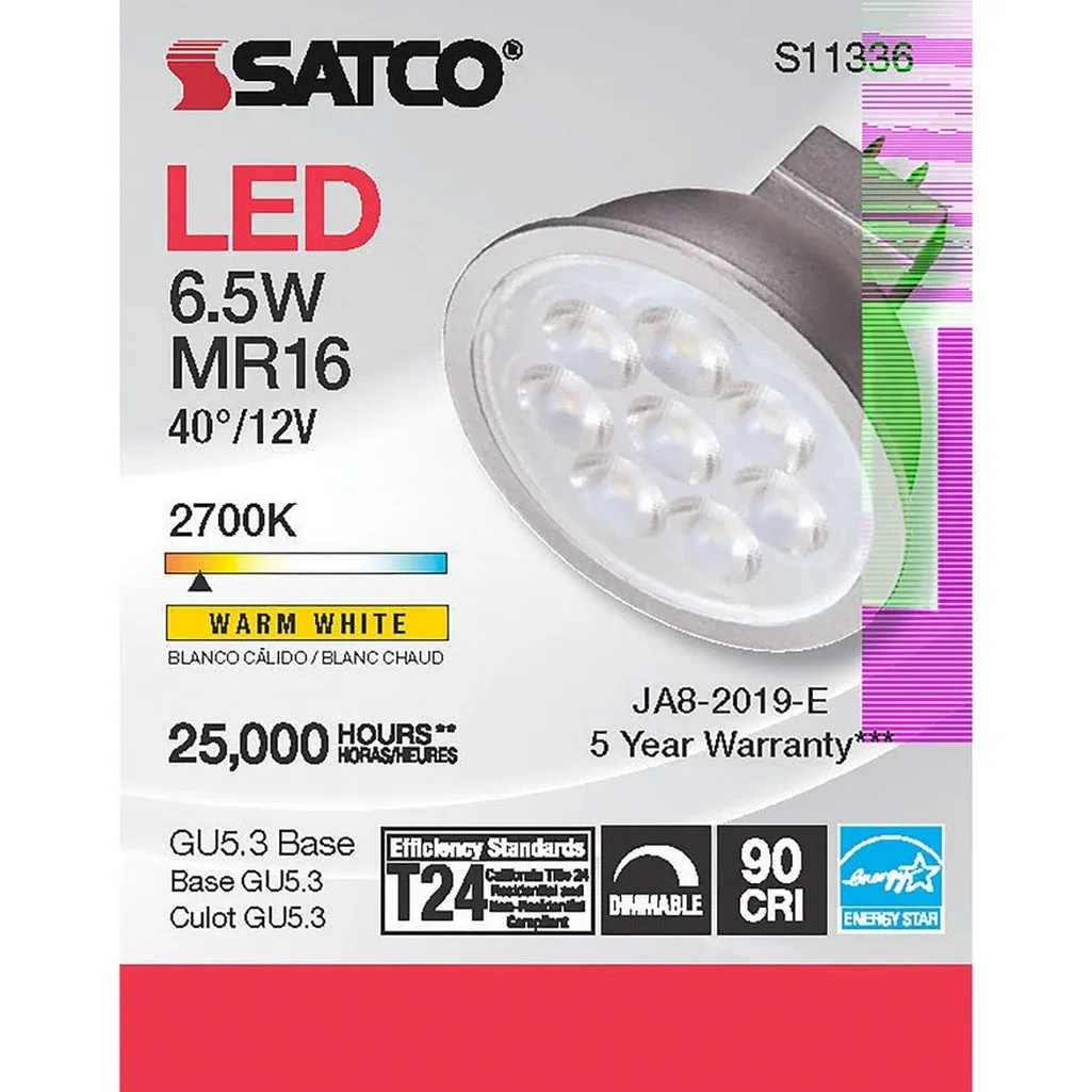 6.5W - MR16 LED - 2700K - GU5.3 base - 40 deg. Beam Angle - 12V