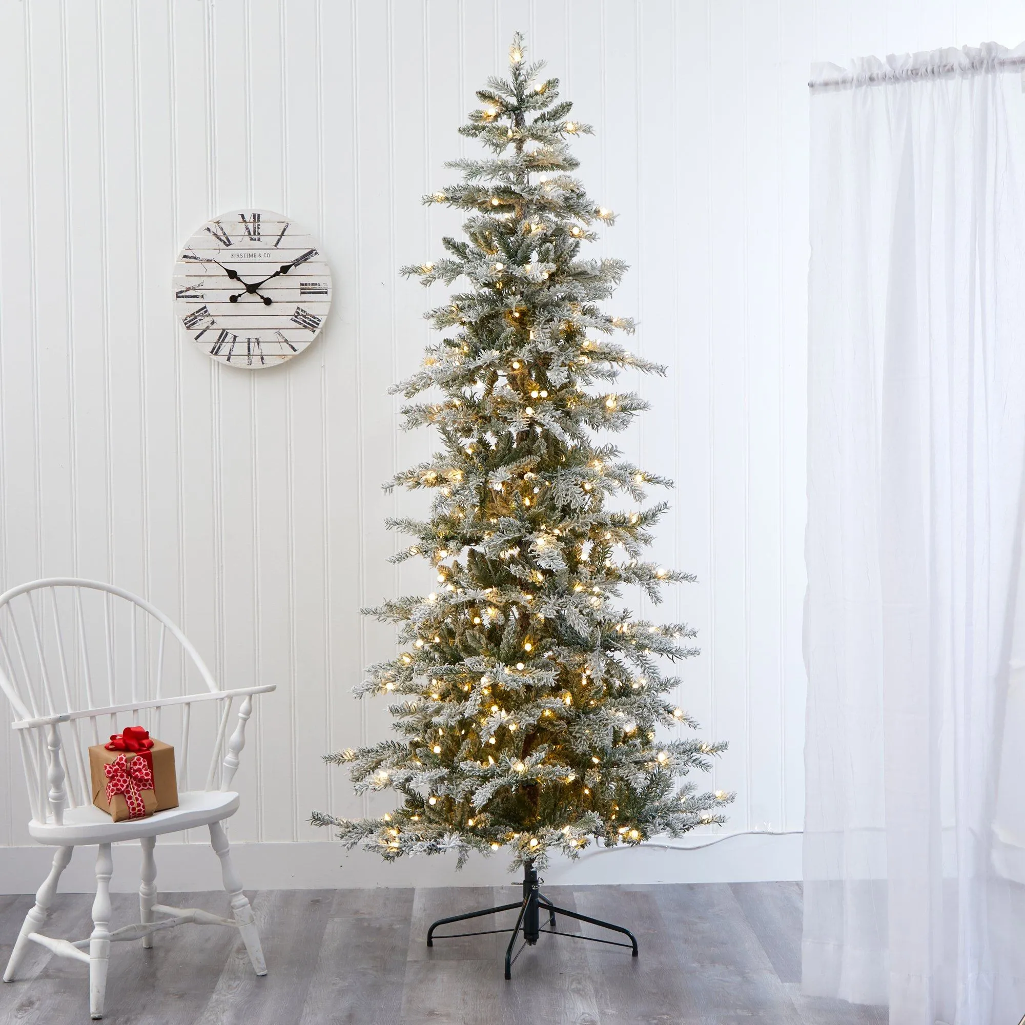 7.5’ Slim Flocked Nova Scotia Spruce Artificial Christmas Tree with 450 Warm White LED Lights and 909 Bendable Branches