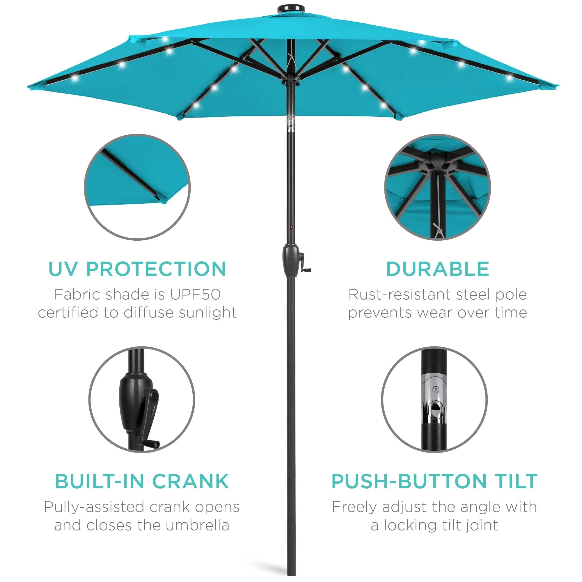 7.5ft Outdoor Solar Patio Umbrella w/ Push Button Tilt, Crank Lift