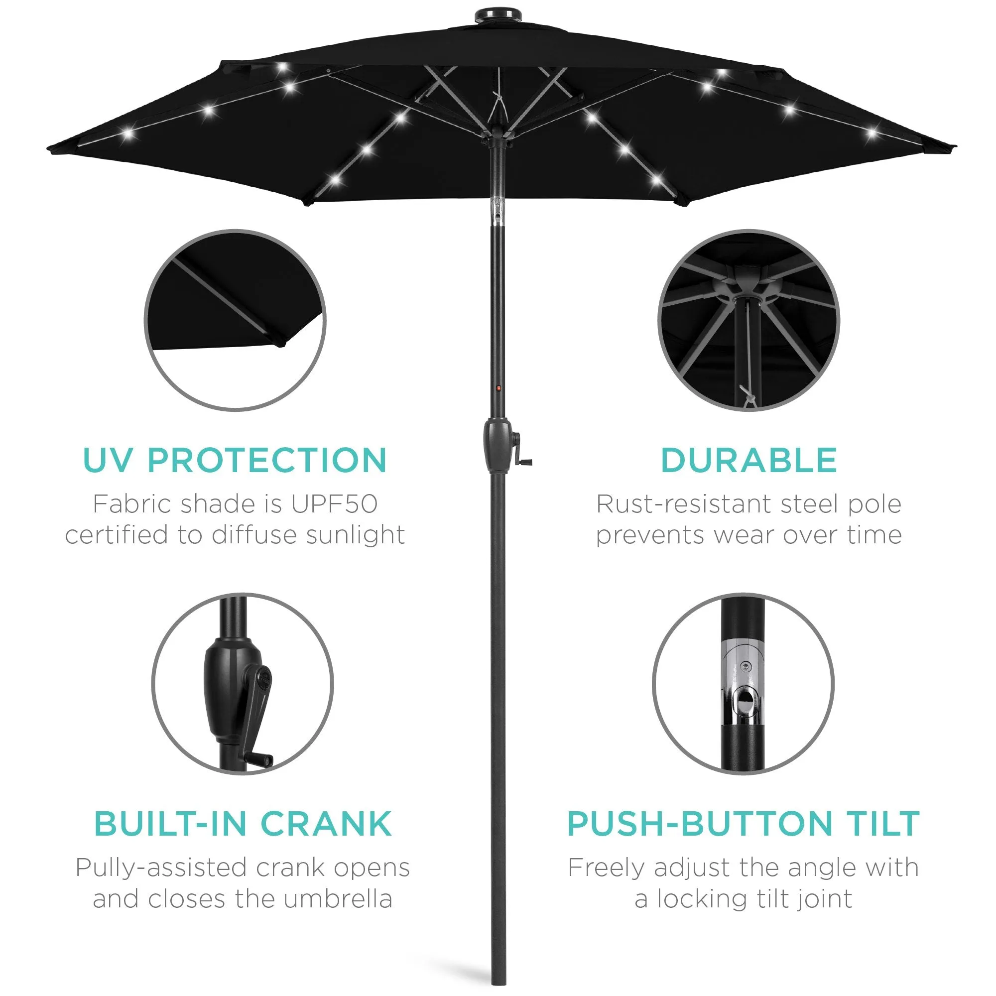 7.5ft Outdoor Solar Patio Umbrella w/ Push Button Tilt, Crank Lift