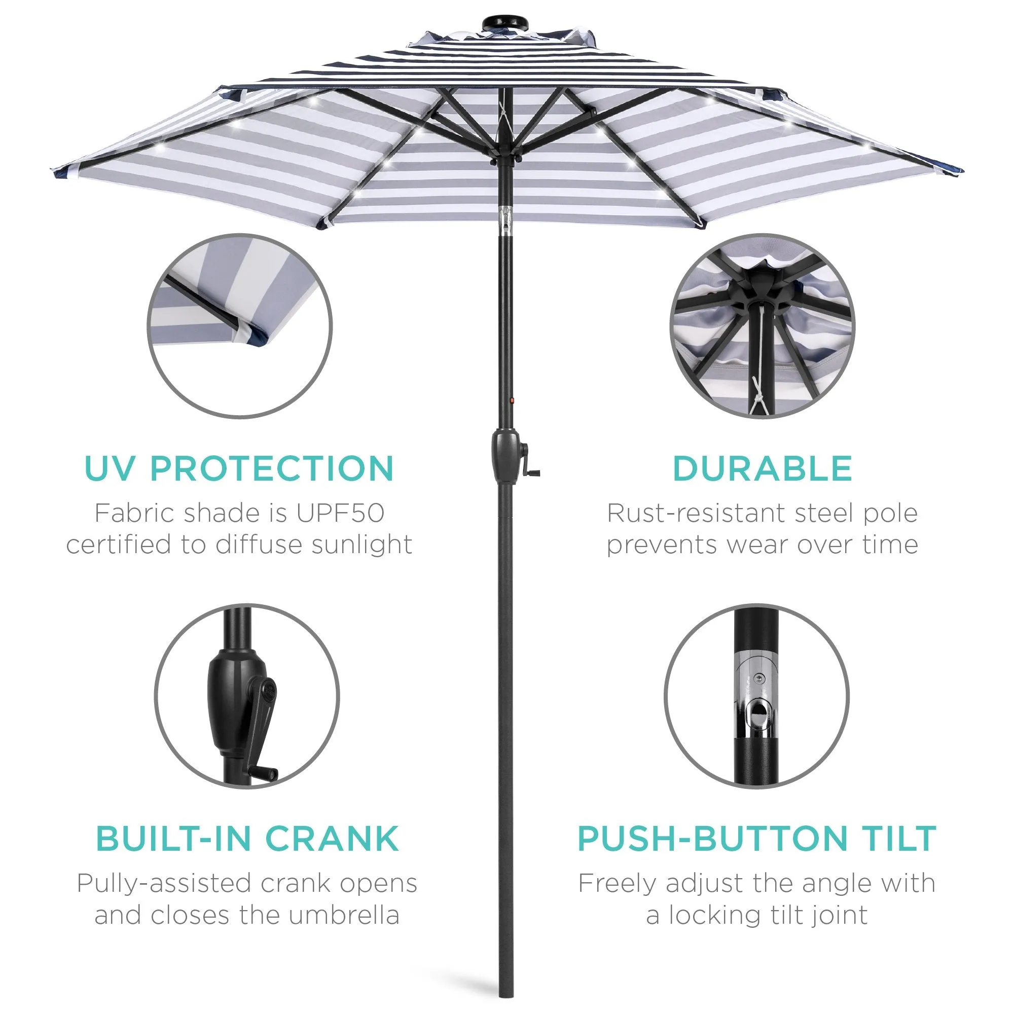 7.5ft Outdoor Solar Patio Umbrella w/ Push Button Tilt, Crank Lift