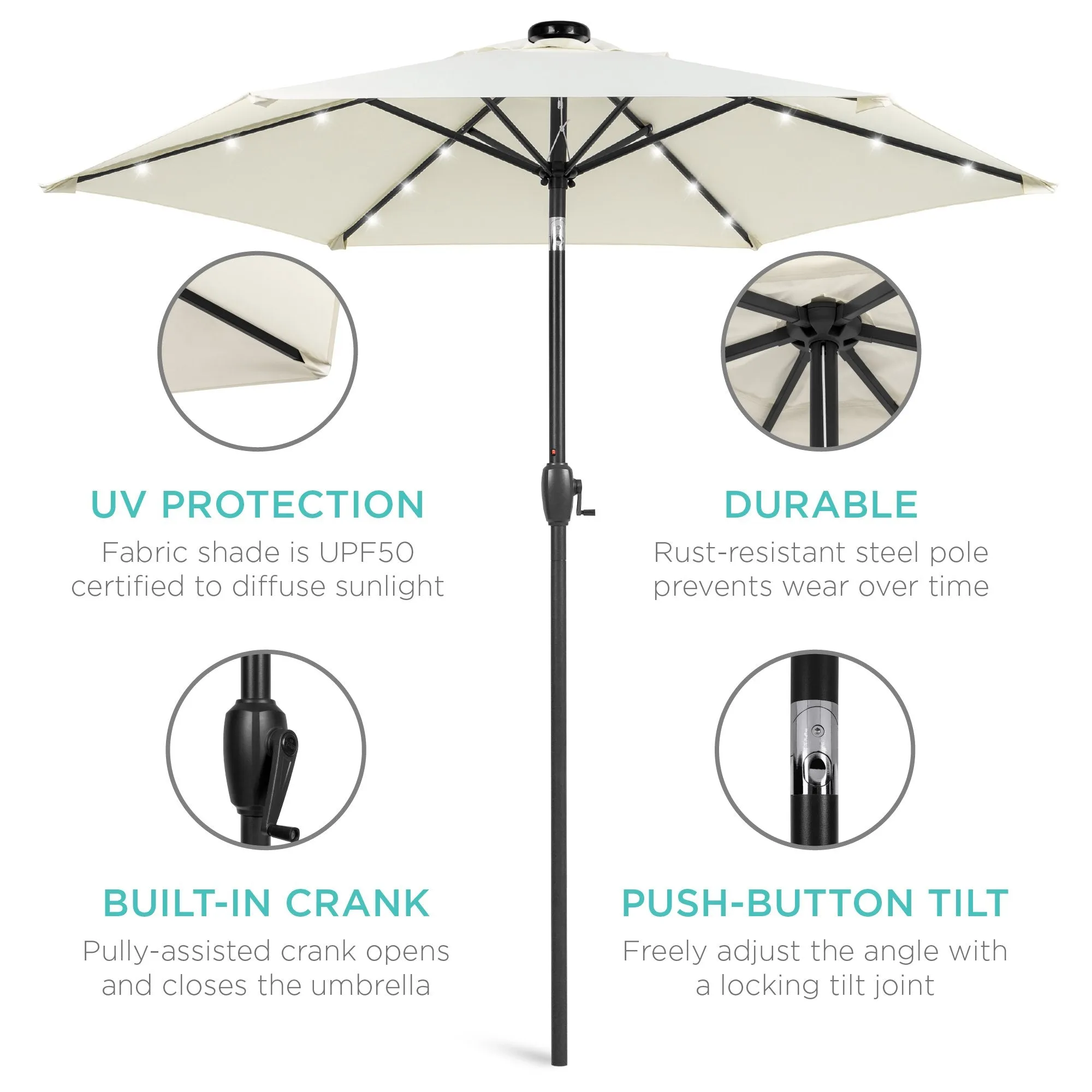 7.5ft Outdoor Solar Patio Umbrella w/ Push Button Tilt, Crank Lift