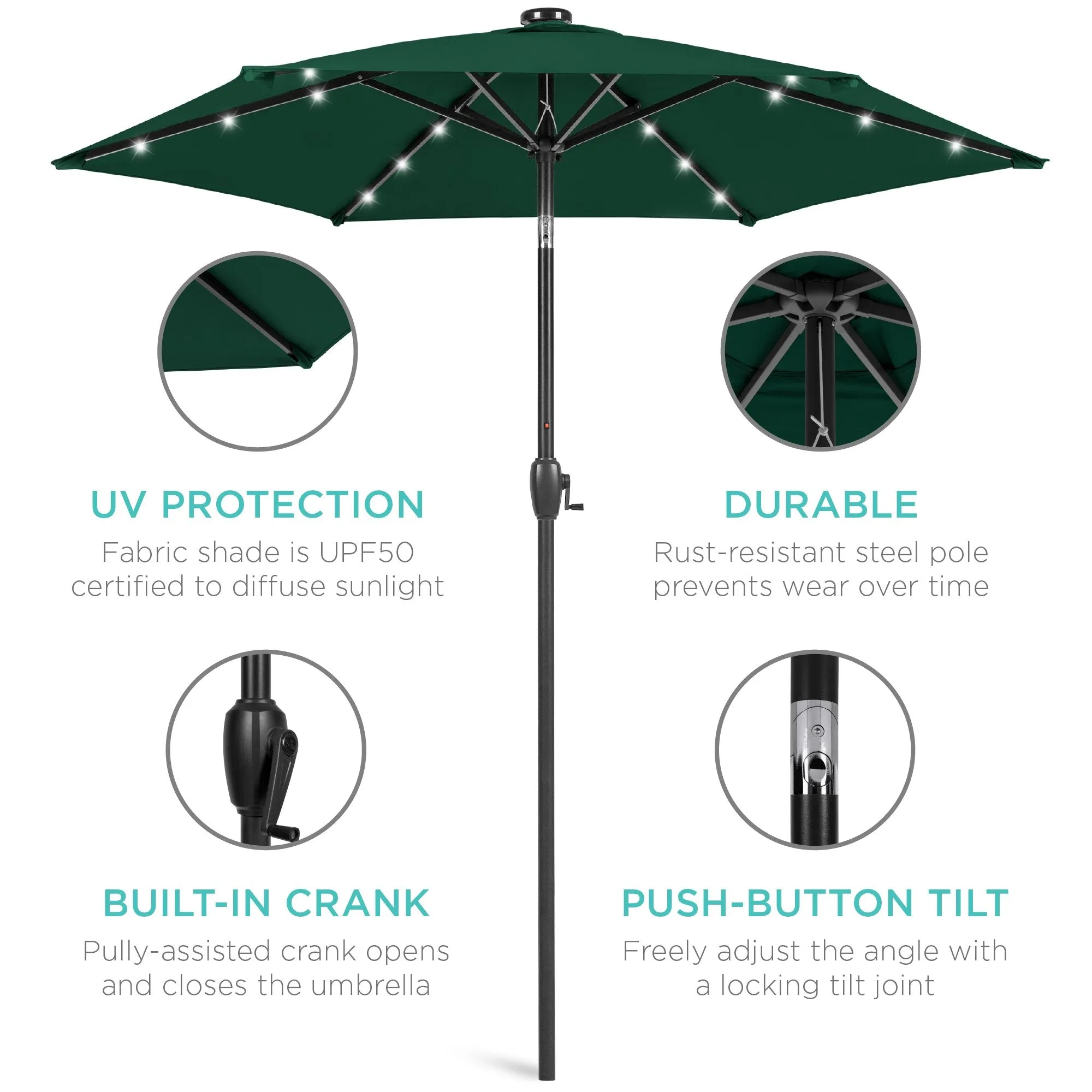 7.5ft Outdoor Solar Patio Umbrella w/ Push Button Tilt, Crank Lift