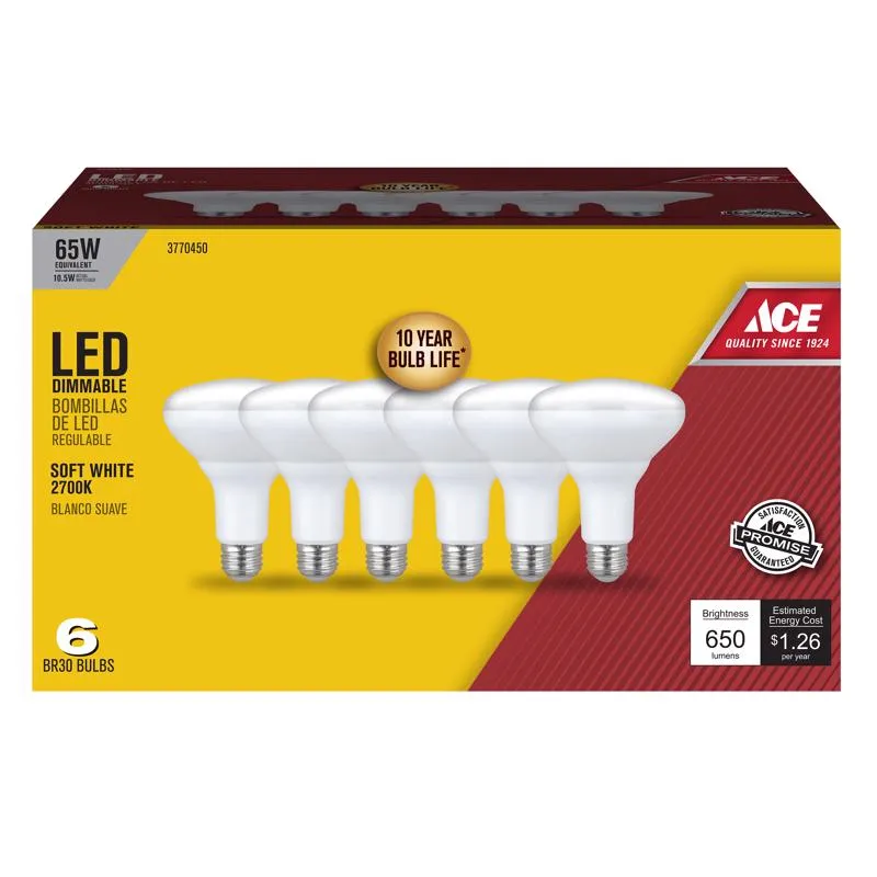 Ace BR30 E26 (Medium) LED Bulb Soft White 65 Watt Equivalence 6 pk