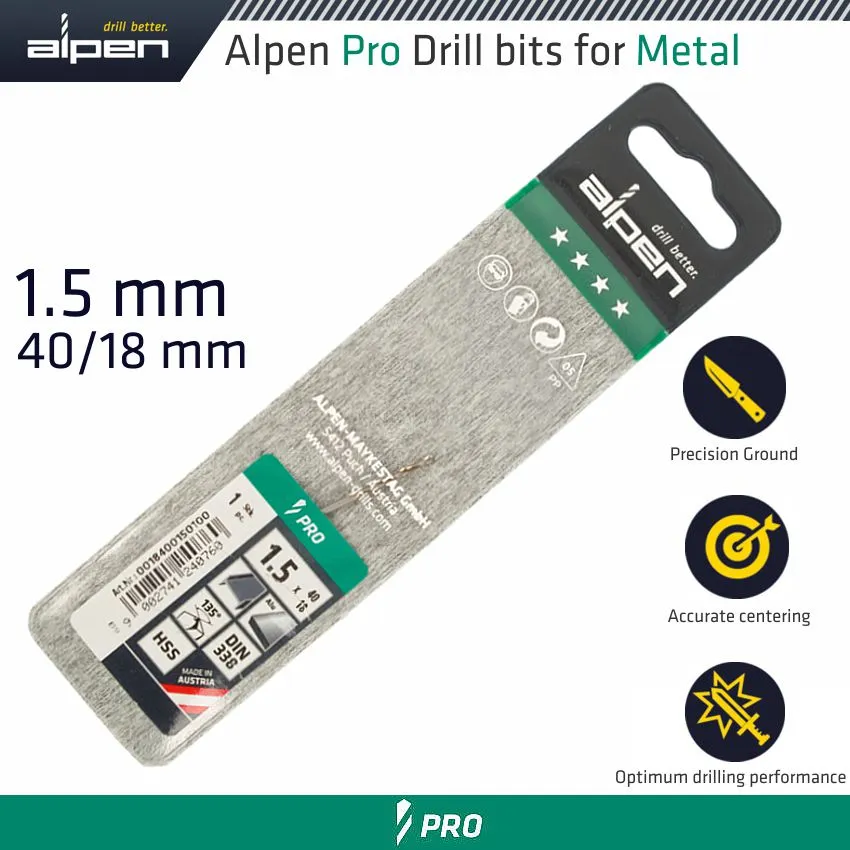 ALPEN ALPEN PRO HSS 1.5MM DRILL DIN 338 RN 135 SPLIT POINT PLASTIC WALLET  ( ALP1840015