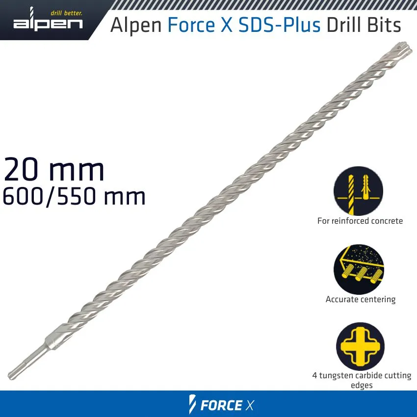 ALPEN FORCE X 20.0 x 600/550  SDS-PLUS DRILL BIT X4 CUTTING EDGES ALP905020