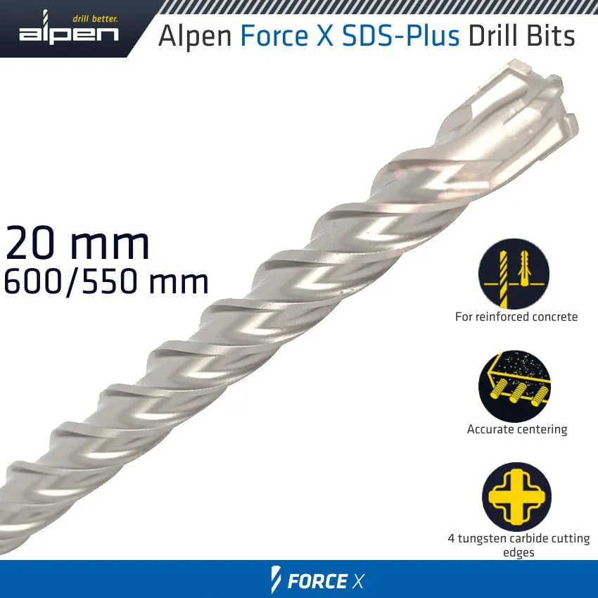 ALPEN FORCE X 20.0 x 600/550  SDS-PLUS DRILL BIT X4 CUTTING EDGES ALP905020