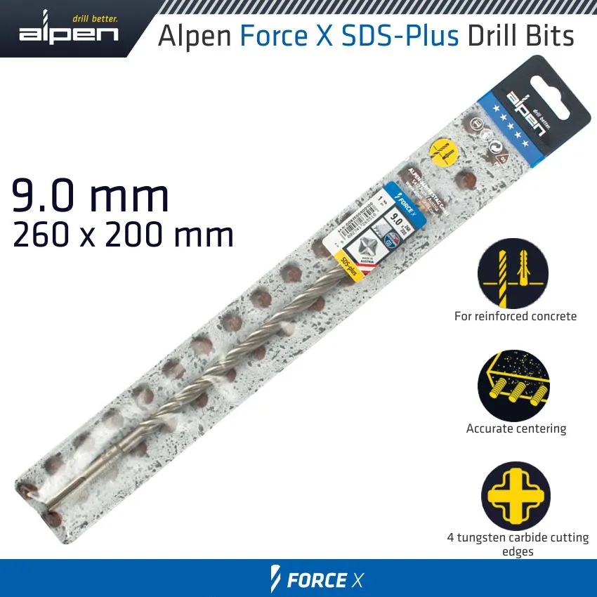 ALPEN FORCE X 9.0 x 260/200 SDS-PLUS DRILL BIT X4 CUTTING EDGES ALP835009