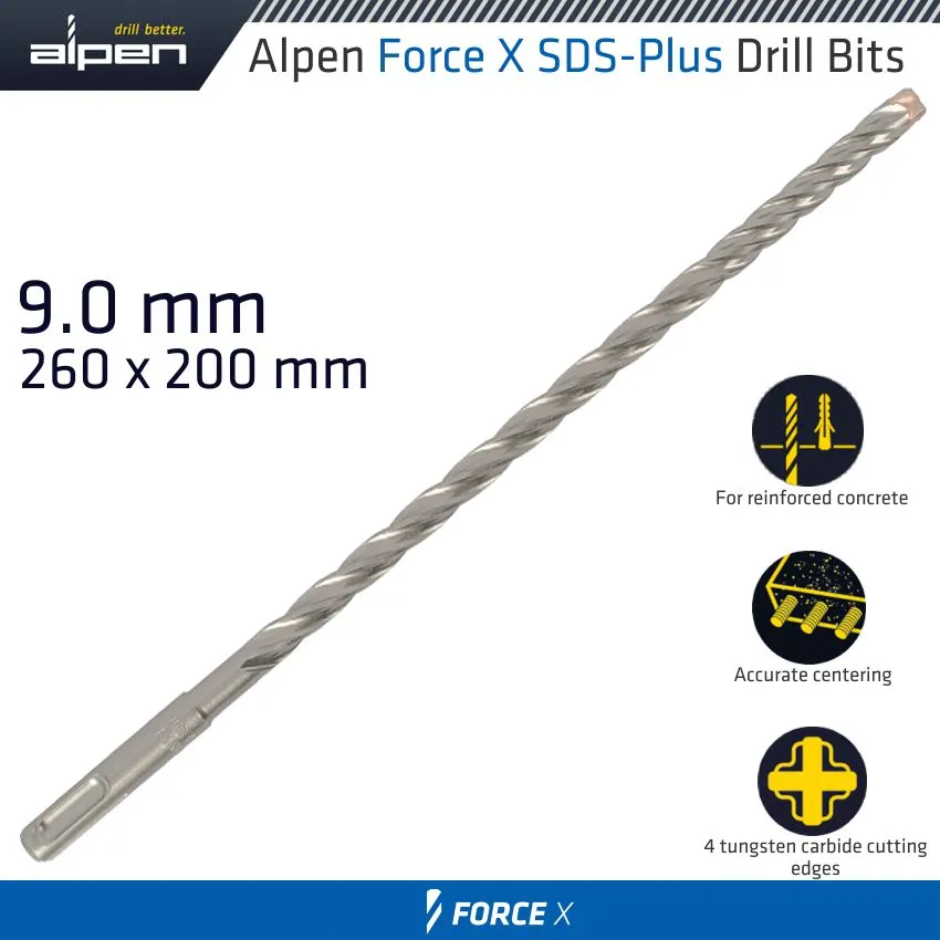 ALPEN FORCE X 9.0 x 260/200 SDS-PLUS DRILL BIT X4 CUTTING EDGES ALP835009