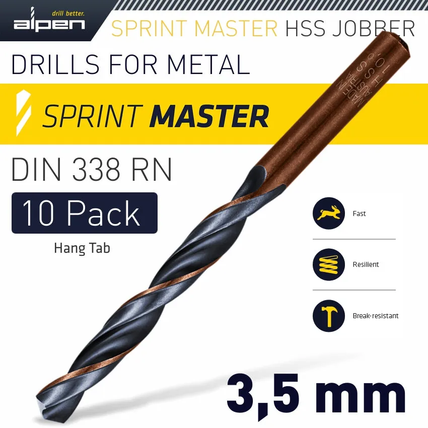 ALPEN HSS SPRINT MASTER 3.5MM 10-PACK HANG TAG DIN 338 ALPEN DRILL BITS ALP6310035