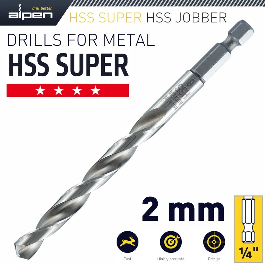 ALPEN HSS SUPER DRILL BIT HEX SHANK 2MM ALP95202