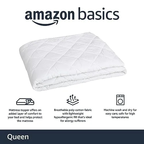 Amazon Basics Hypoallergenic Quilted Mattress Topper Pad, 18 Inches Deep, Queen, White