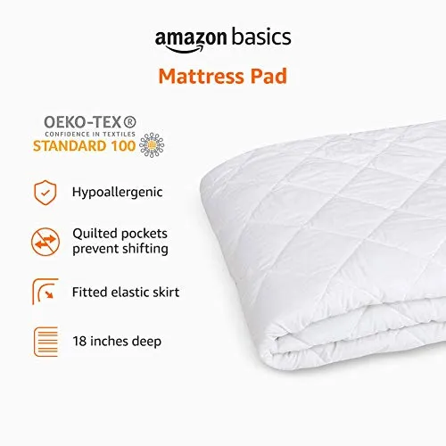 Amazon Basics Hypoallergenic Quilted Mattress Topper Pad Cover - 18 Inch Deep, California King, White