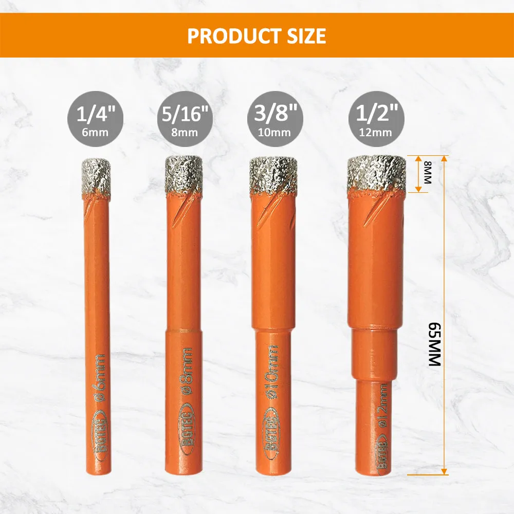 BGTEC Round Shank Vacuum Brazed Dry Diamond Drill Bit Set Dia 6/8/10/12mm