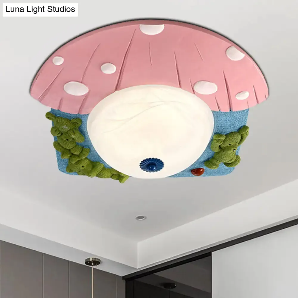 Cartoon Bear Ceiling Mounted LED Flush Light for Kids' Rooms - Red/Blue with White Glass Shade