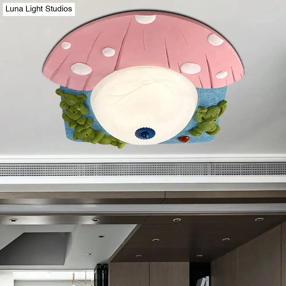 Cartoon Bear Ceiling Mounted LED Flush Light for Kids' Rooms - Red/Blue with White Glass Shade