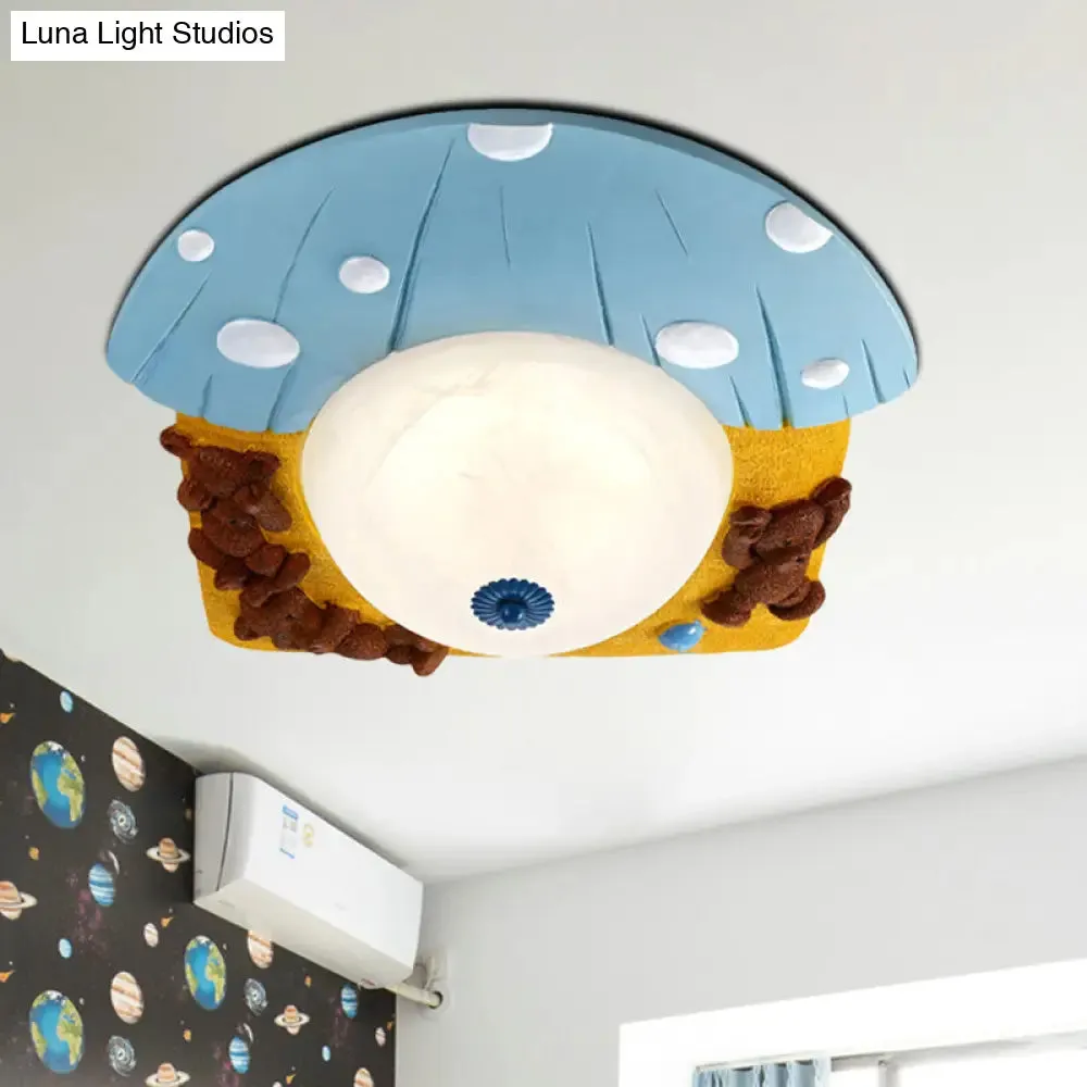 Cartoon Bear Ceiling Mounted LED Flush Light for Kids' Rooms - Red/Blue with White Glass Shade