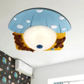 Cartoon Bear Ceiling Mounted LED Flush Light for Kids' Rooms - Red/Blue with White Glass Shade