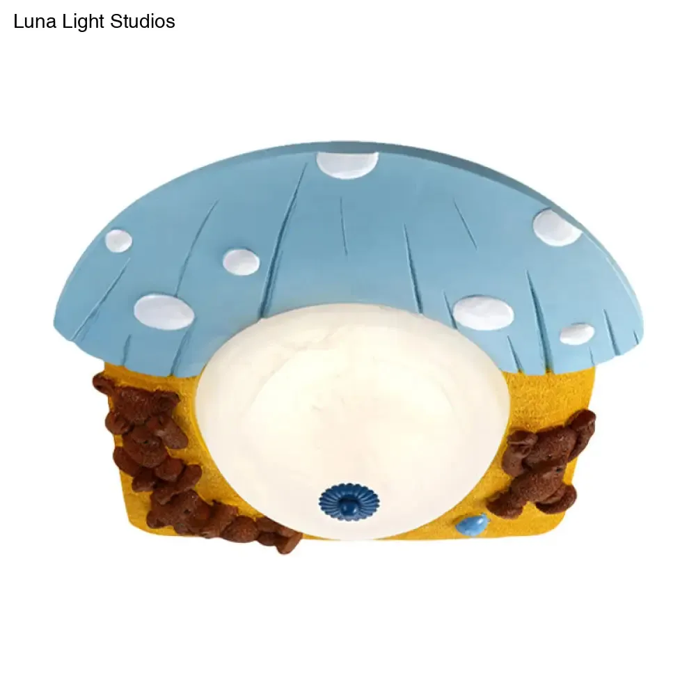 Cartoon Bear Ceiling Mounted LED Flush Light for Kids' Rooms - Red/Blue with White Glass Shade