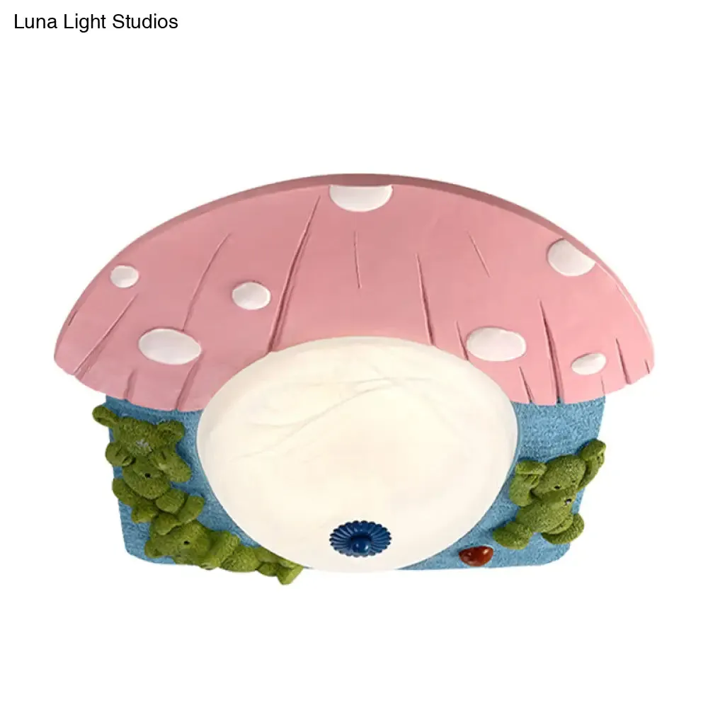 Cartoon Bear Ceiling Mounted LED Flush Light for Kids' Rooms - Red/Blue with White Glass Shade