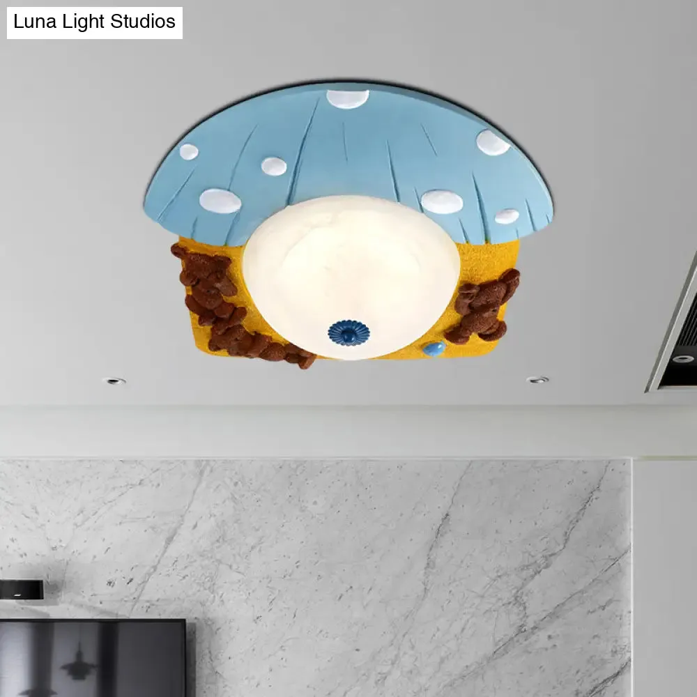 Cartoon Bear Ceiling Mounted LED Flush Light for Kids' Rooms - Red/Blue with White Glass Shade