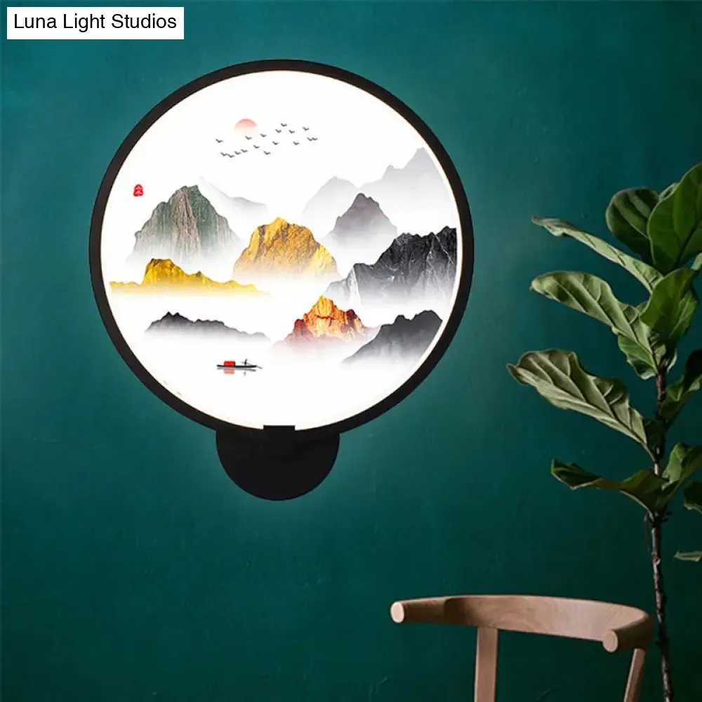 Chinese Metal LED Wall Lamp with Circular Natural View - Black Mural Light for Bedroom