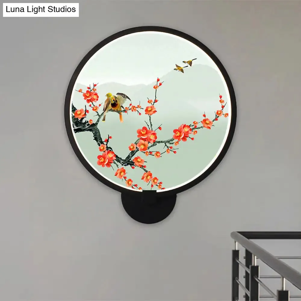 Chinese Metal LED Wall Lamp with Circular Natural View - Black Mural Light for Bedroom