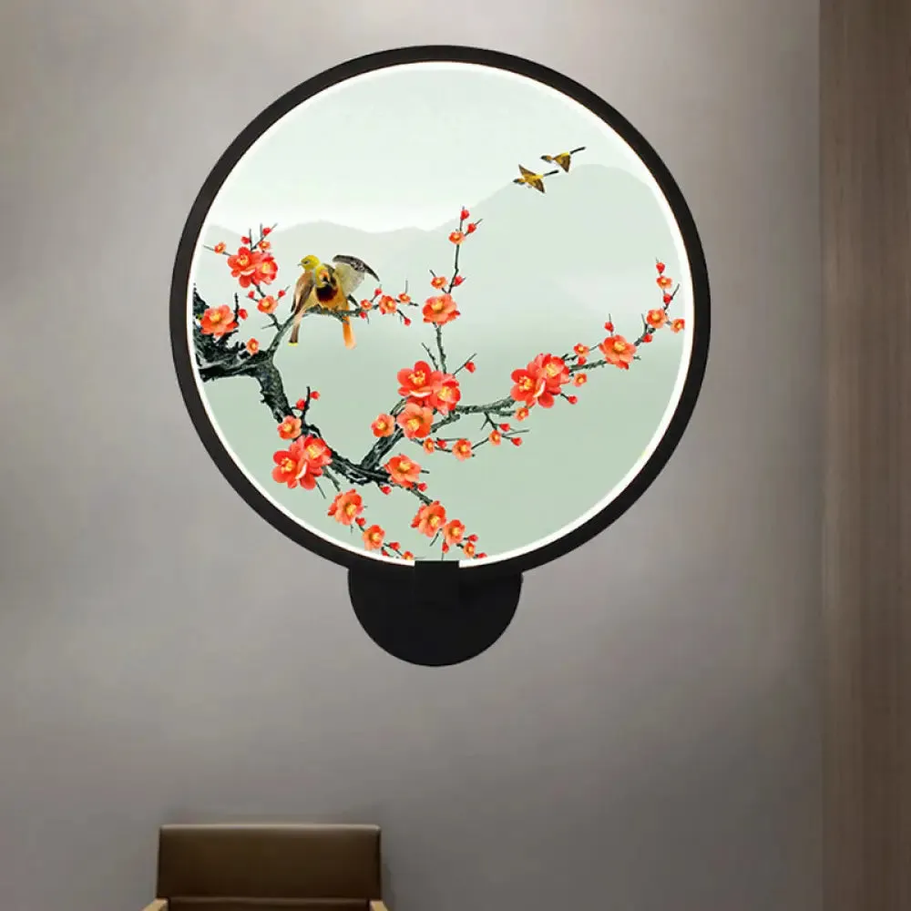 Chinese Metal LED Wall Lamp with Circular Natural View - Black Mural Light for Bedroom