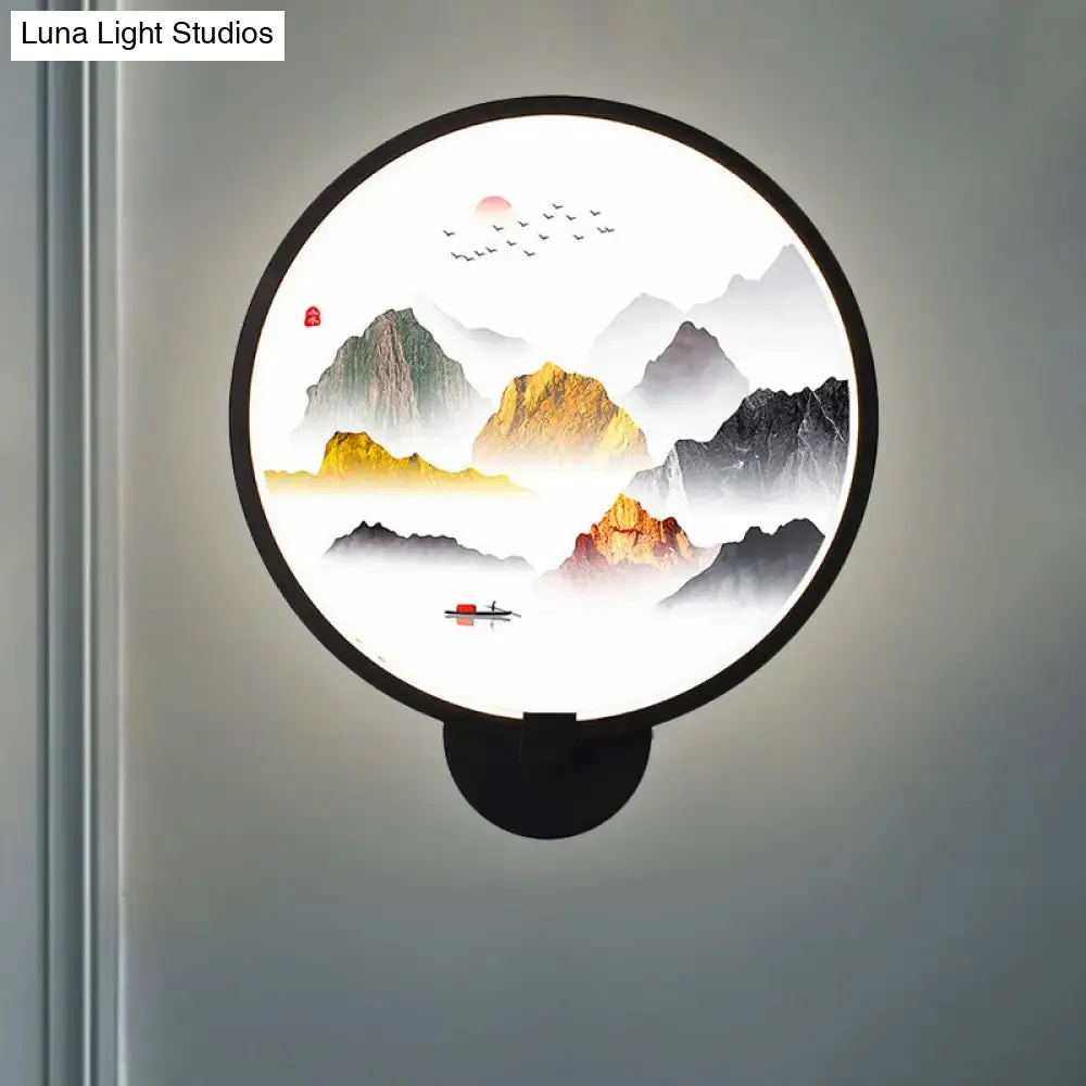 Chinese Metal LED Wall Lamp with Circular Natural View - Black Mural Light for Bedroom