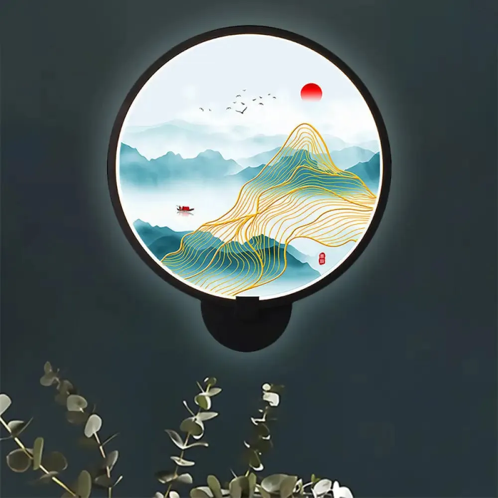 Chinese Metal LED Wall Lamp with Circular Natural View - Black Mural Light for Bedroom