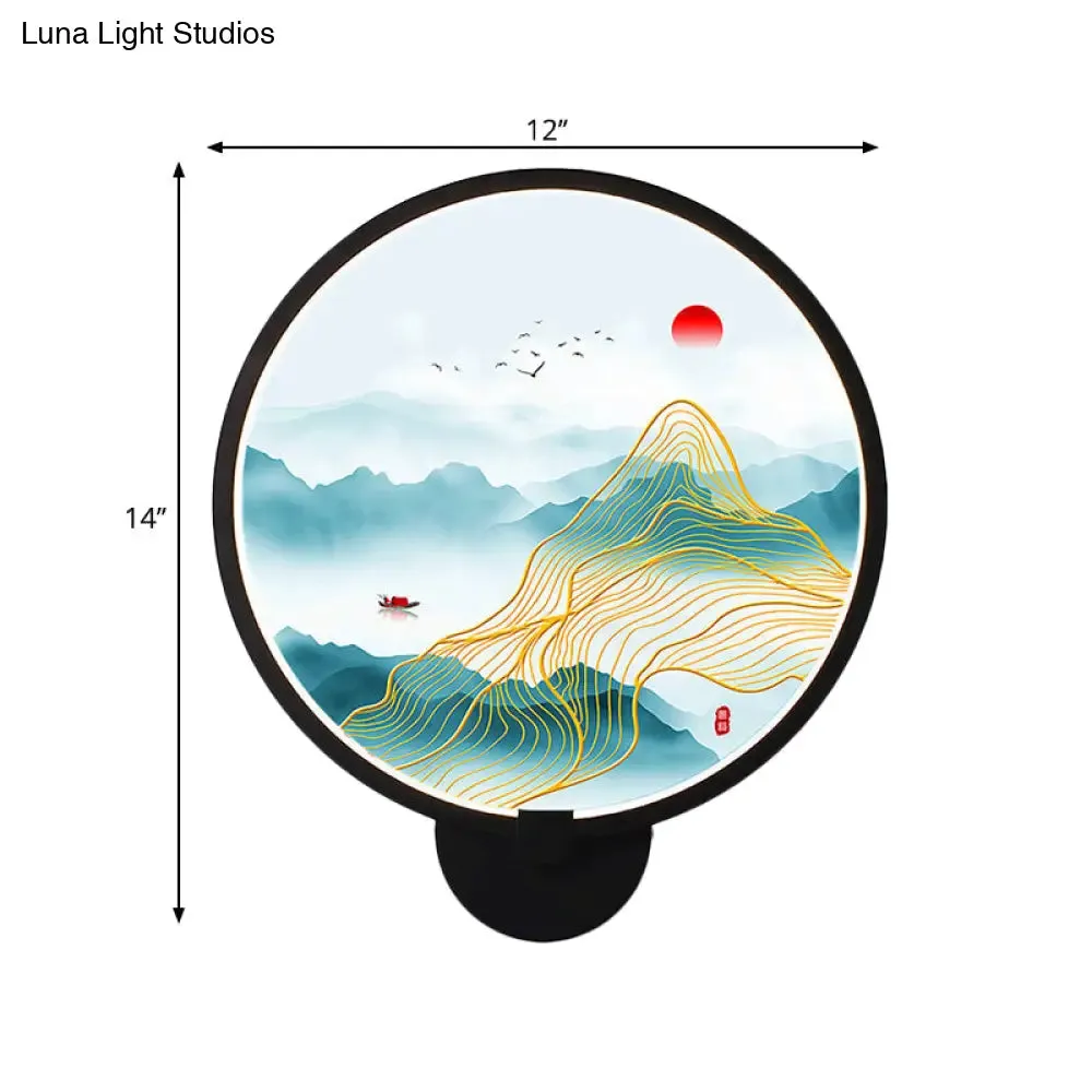 Chinese Metal LED Wall Lamp with Circular Natural View - Black Mural Light for Bedroom