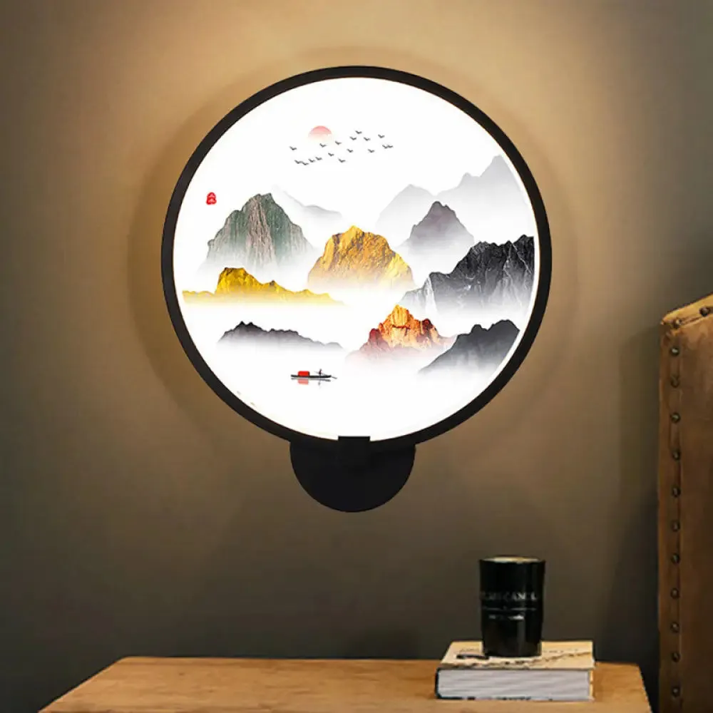 Chinese Metal LED Wall Lamp with Circular Natural View - Black Mural Light for Bedroom