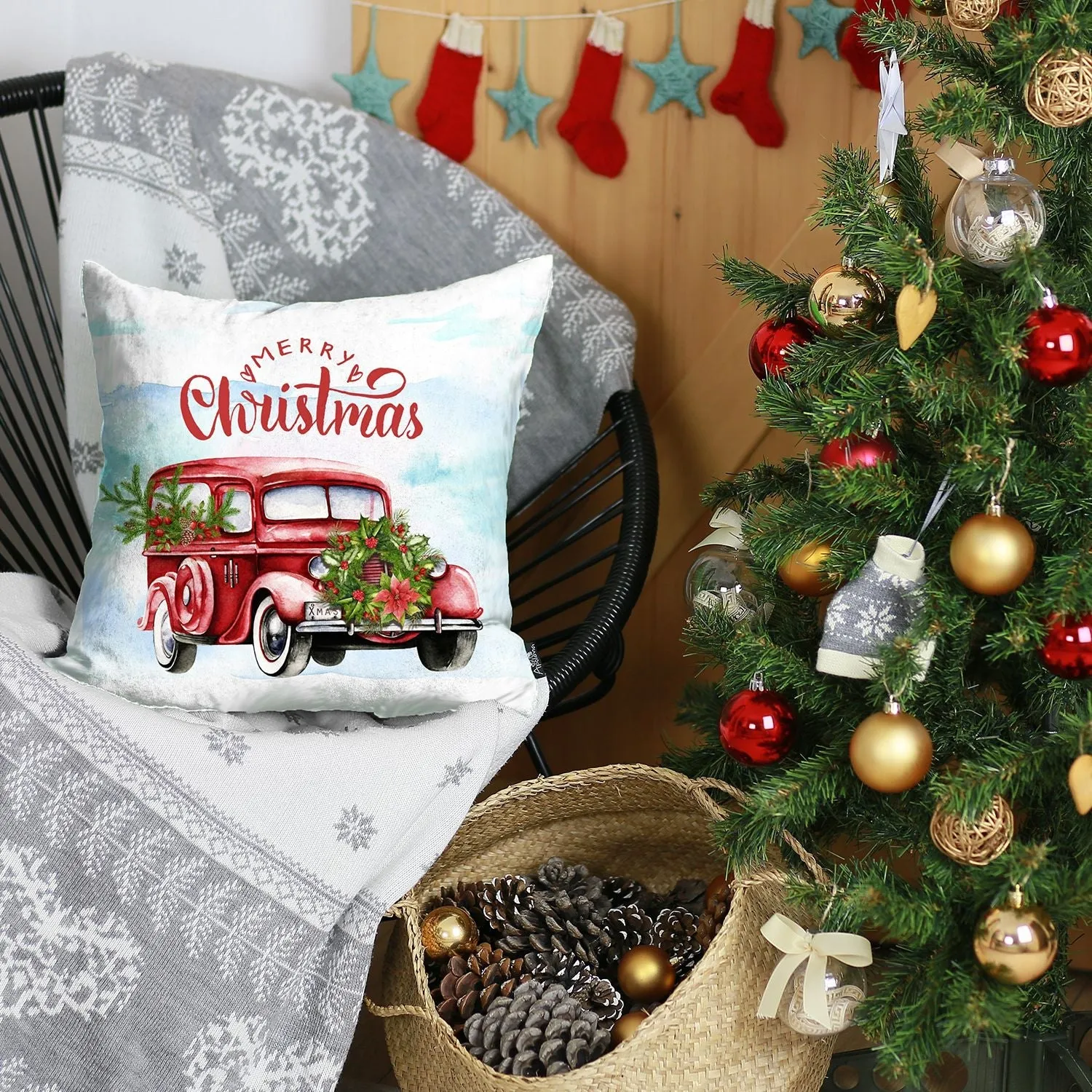 Christmas Car Decorative Single Throw Pillow 18" x 18" White & Red Square for Couch, Bedding