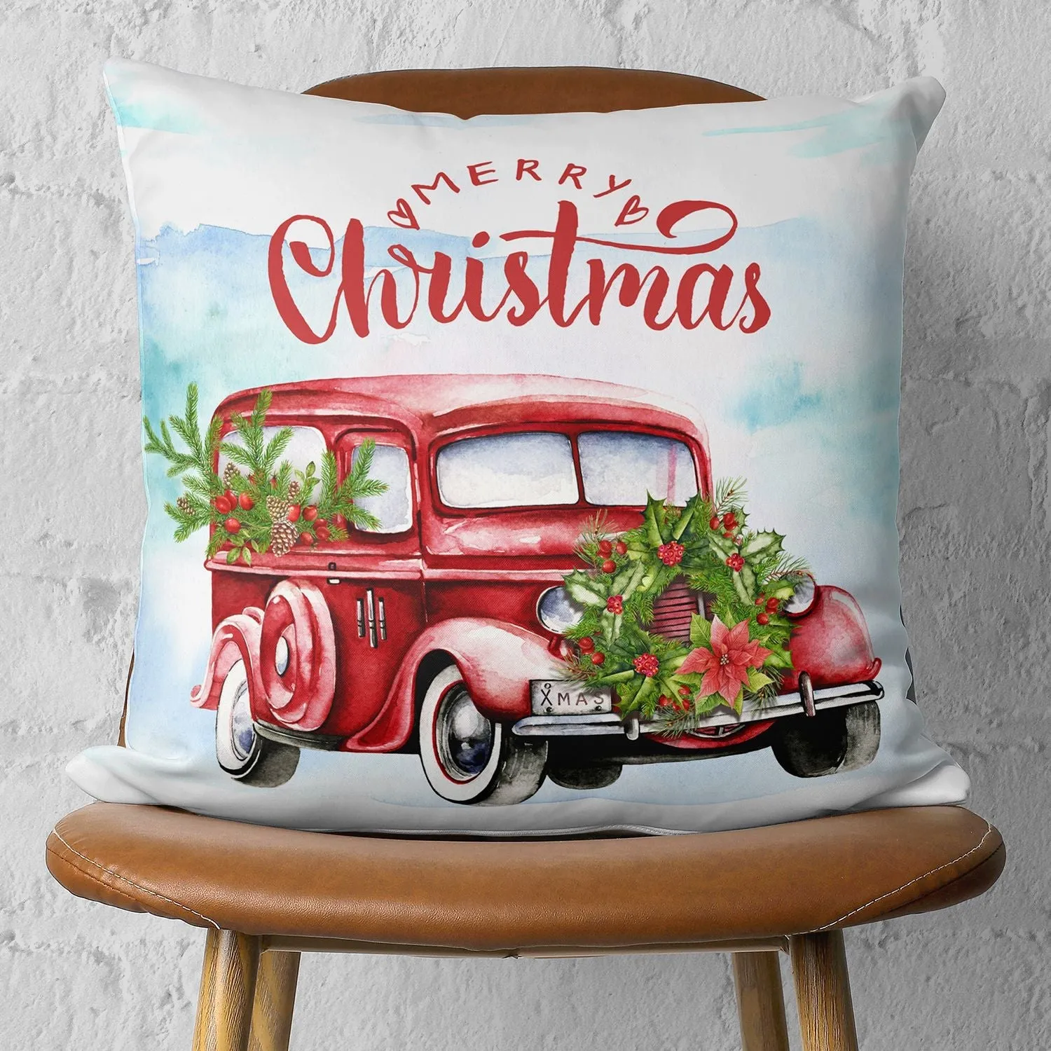 Christmas Car Decorative Single Throw Pillow 18" x 18" White & Red Square for Couch, Bedding