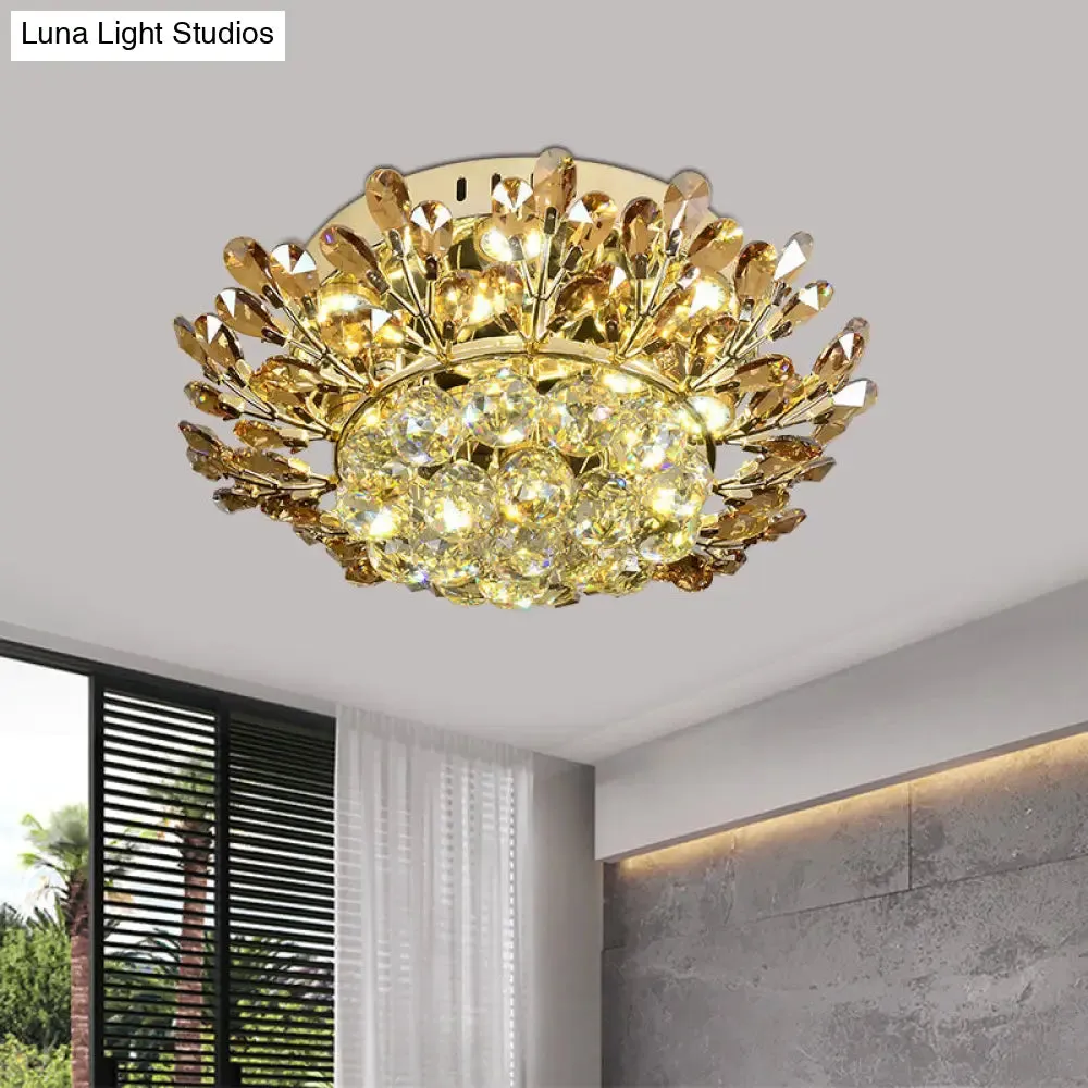 Contemporary Gold Ceiling Lamp with LED Branch Design - Cognac and Clear Crystal Flush Mount for Living Room